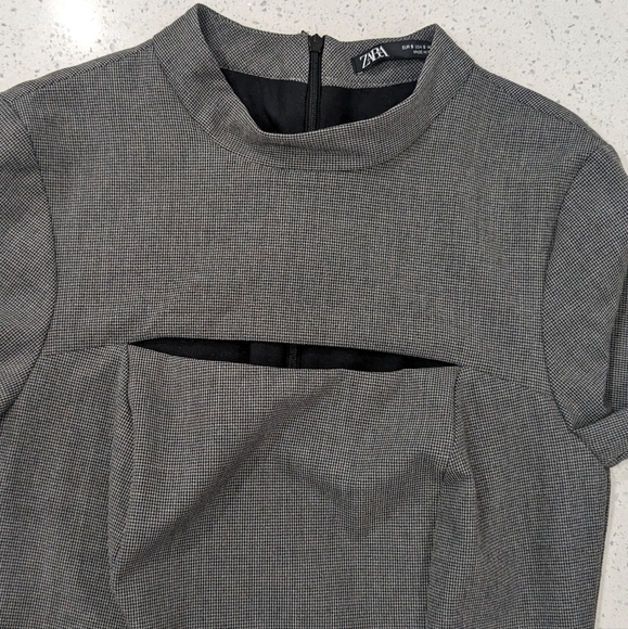 Zara gray front chest cut out Houndstooth sheath mini dress long sleeves size S - Picture 7 of 12